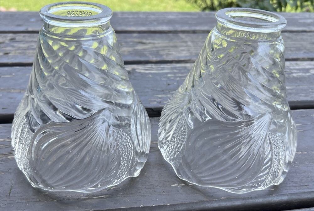 Pair Clear Glass Seashell Ribbed Swirl Scalloped Light Shade Cover Beach House